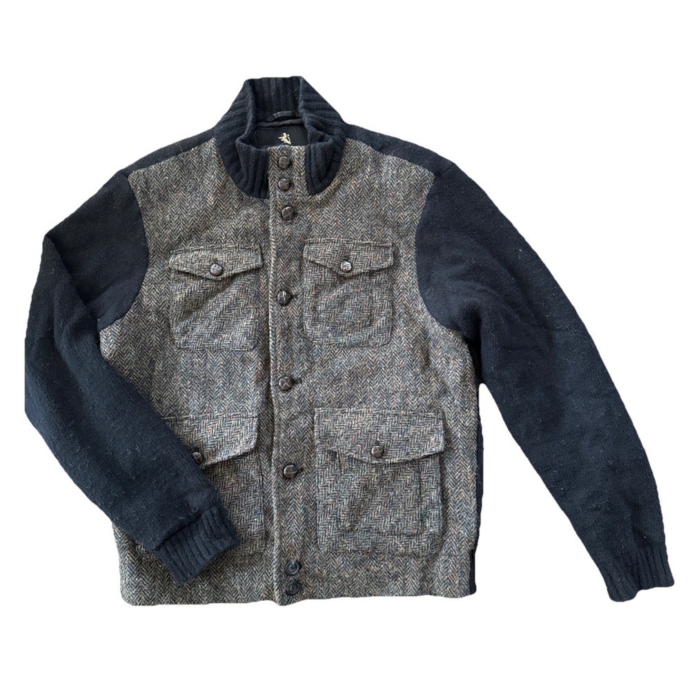Harris Tweed Wool Jacket Men M Gray Herringbone Quilted Lining Pockets Vintage